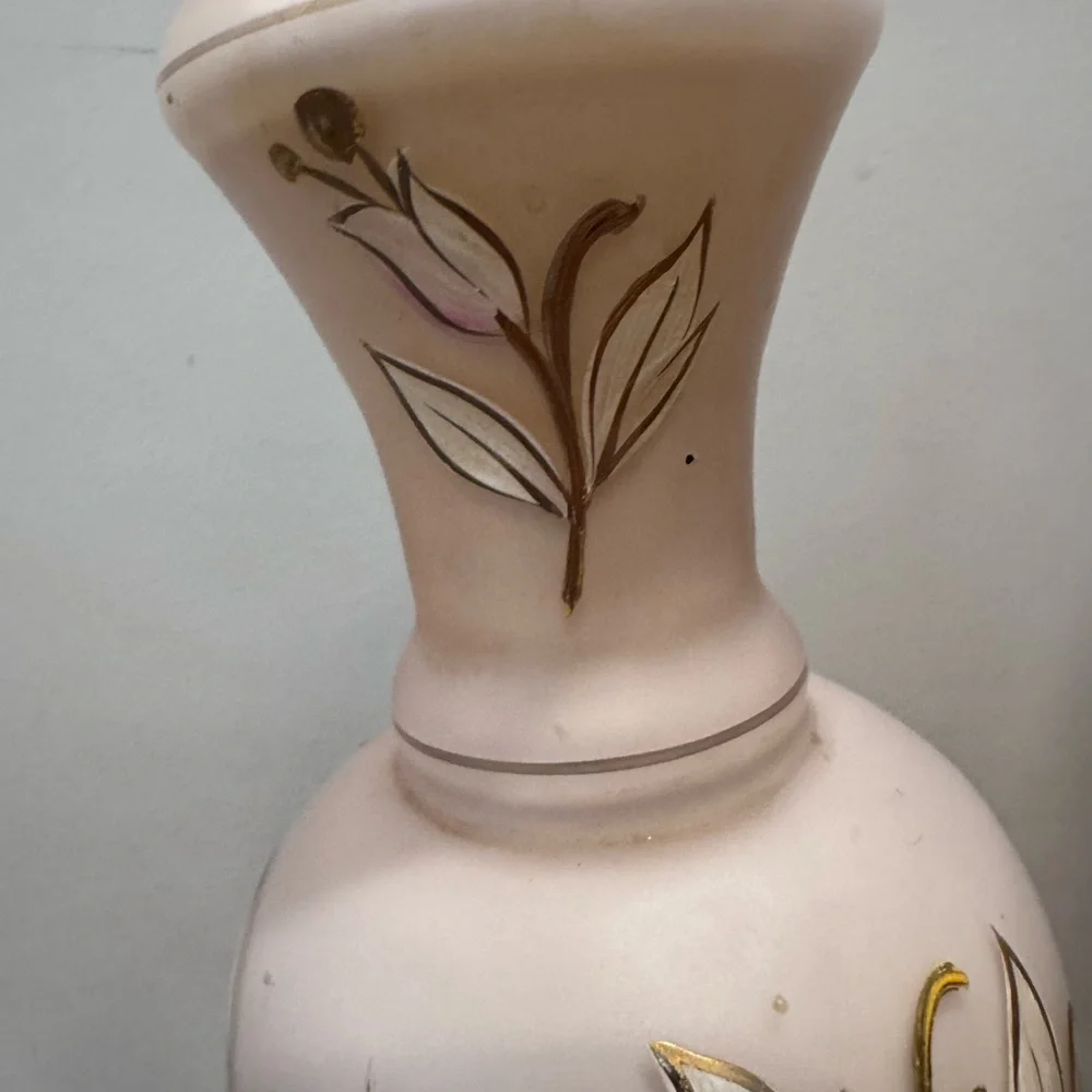 Vintage Painted Pink Glass Floral Lamp Pair With Brass Feet WORKING 21” x 5”